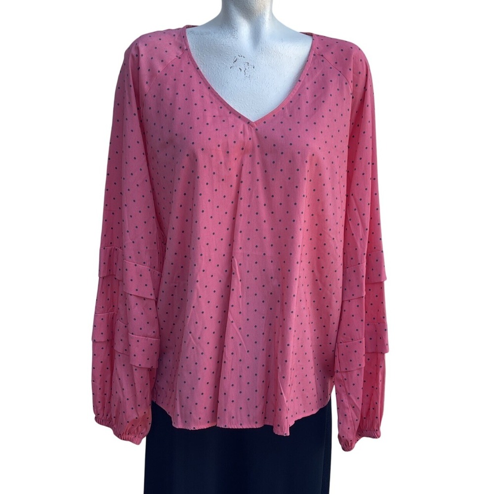 Worthington Pink Polka Dot V-Neck Tiered Ruffle‎ Sleeve Blouse XL